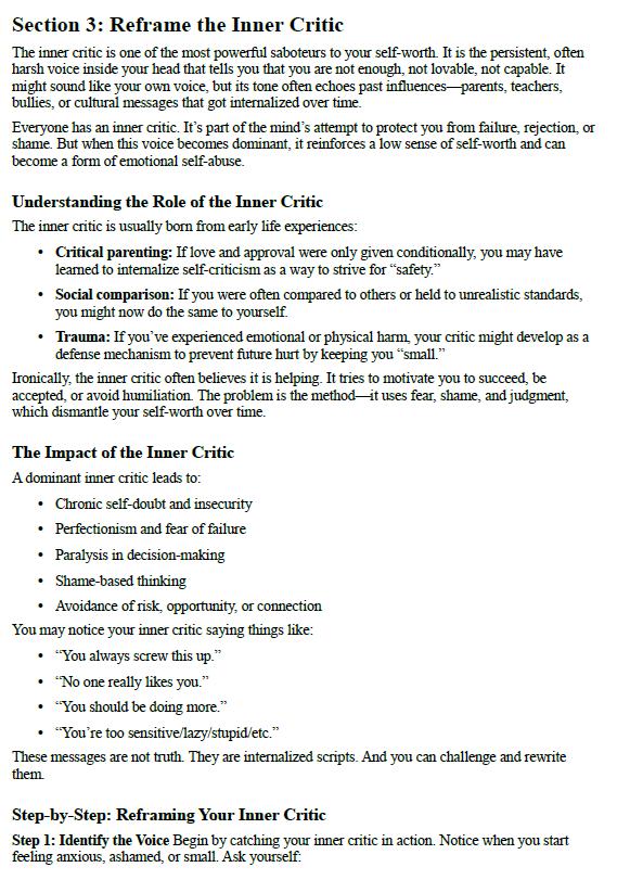 Self-Worth Workbook – Heal the Inner Critic, Build Confidence & Reclaim Your Value | 40+ A4 Printable Pages | Psychology-Based