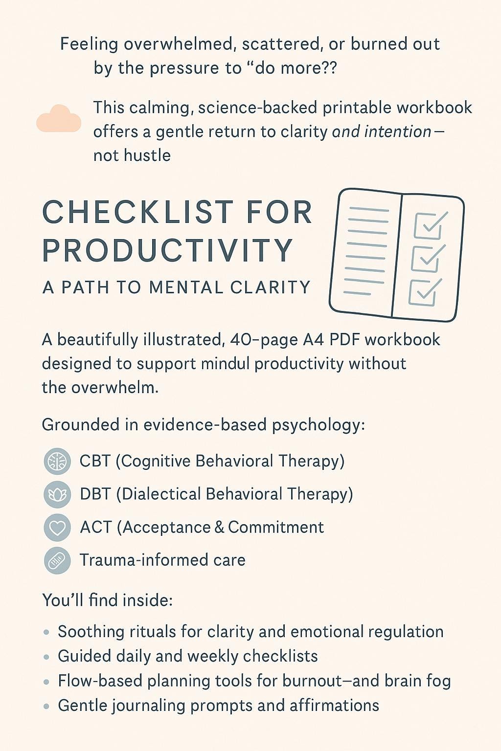 Productivity Checklist Worksheets – Printable Mental Clarity Planner | CBT-Based Self-Help PDF | Calm Daily Routine, Focus & Reset Guide