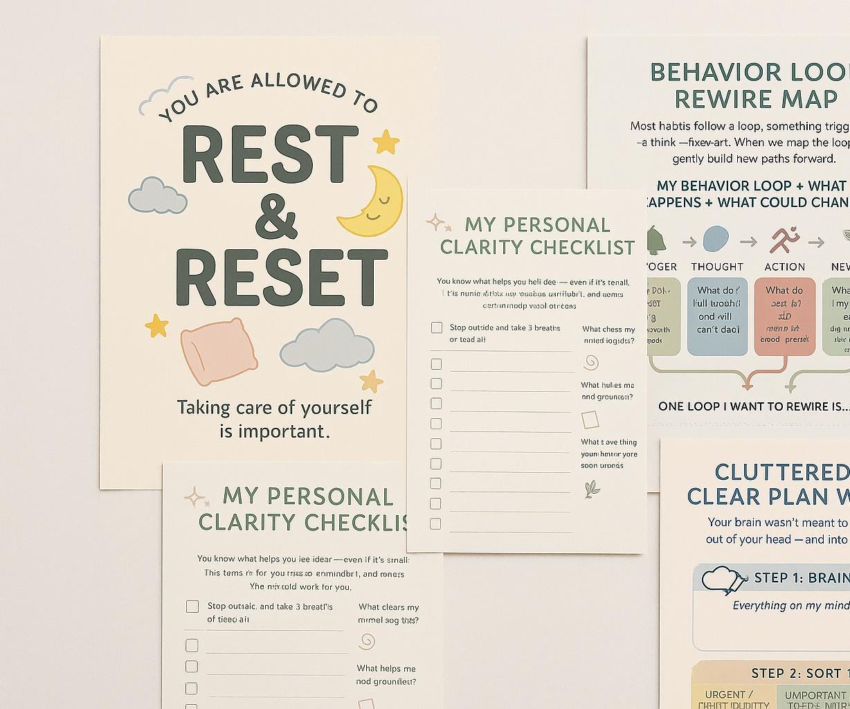 Productivity Checklist Worksheets – Printable Mental Clarity Planner | CBT-Based Self-Help PDF | Calm Daily Routine, Focus & Reset Guide